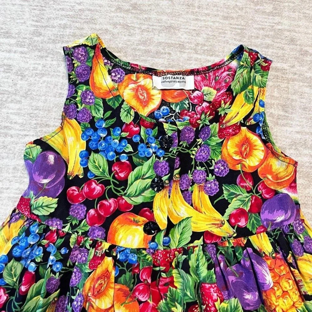 Vintage Sostanza Fruit Print Dress Girls Colorful Sleeveless‎ Pockets size 5